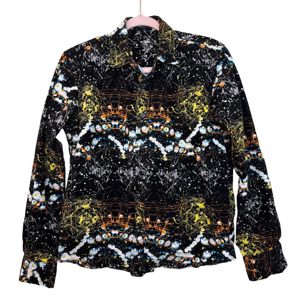 Fredd‎ Marshall Men's Medium Shirt Paint Splatter Abstract Art Black Long Sleeve